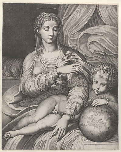 Madonna of the Rose, she reaches for a rose held by the Christ child, who rests his left arm on a globe