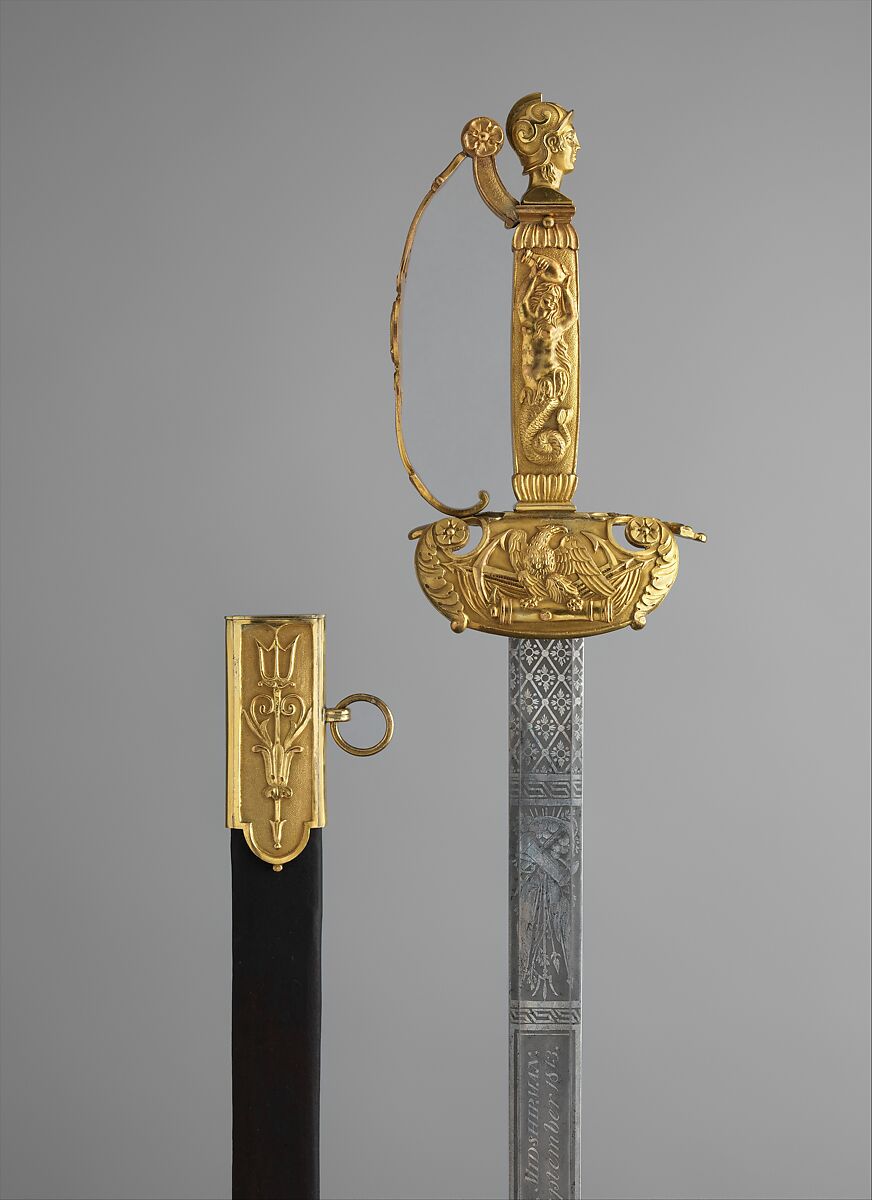 Congressional Presentation Sword and Scabbard of Peleg K. Dunham (1794–1822), William Rose Sr., 1783–1856, Steel, copper alloy (brass), gold, leather, American 