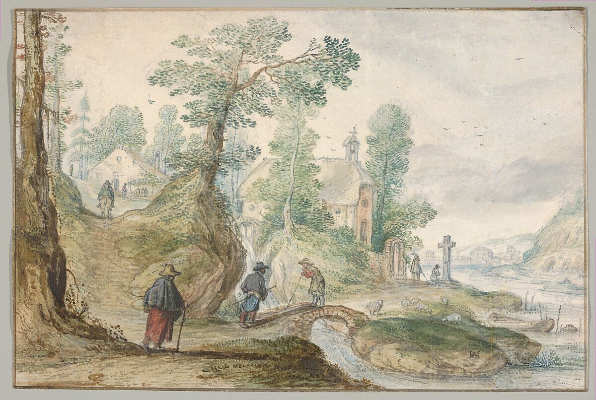 A Wooded River Landscape with a Church and Figures, Hendrick Avercamp (Dutch, Amsterdam 1585–1634 Kampen), Gouache, watercolor, over lead point or graphite, on paper prepared with gouache; framing line in pen and brown ink and gold paint 