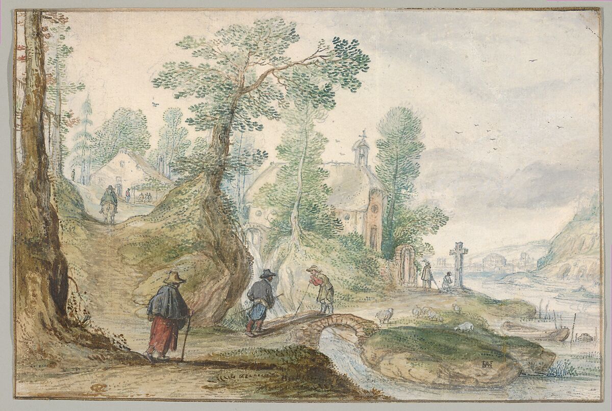 A Wooded River Landscape with a Church and Figures, Hendrick Avercamp  Dutch, Gouache, watercolor, over lead point or graphite, on paper prepared with gouache; framing line in pen and brown ink and gold paint