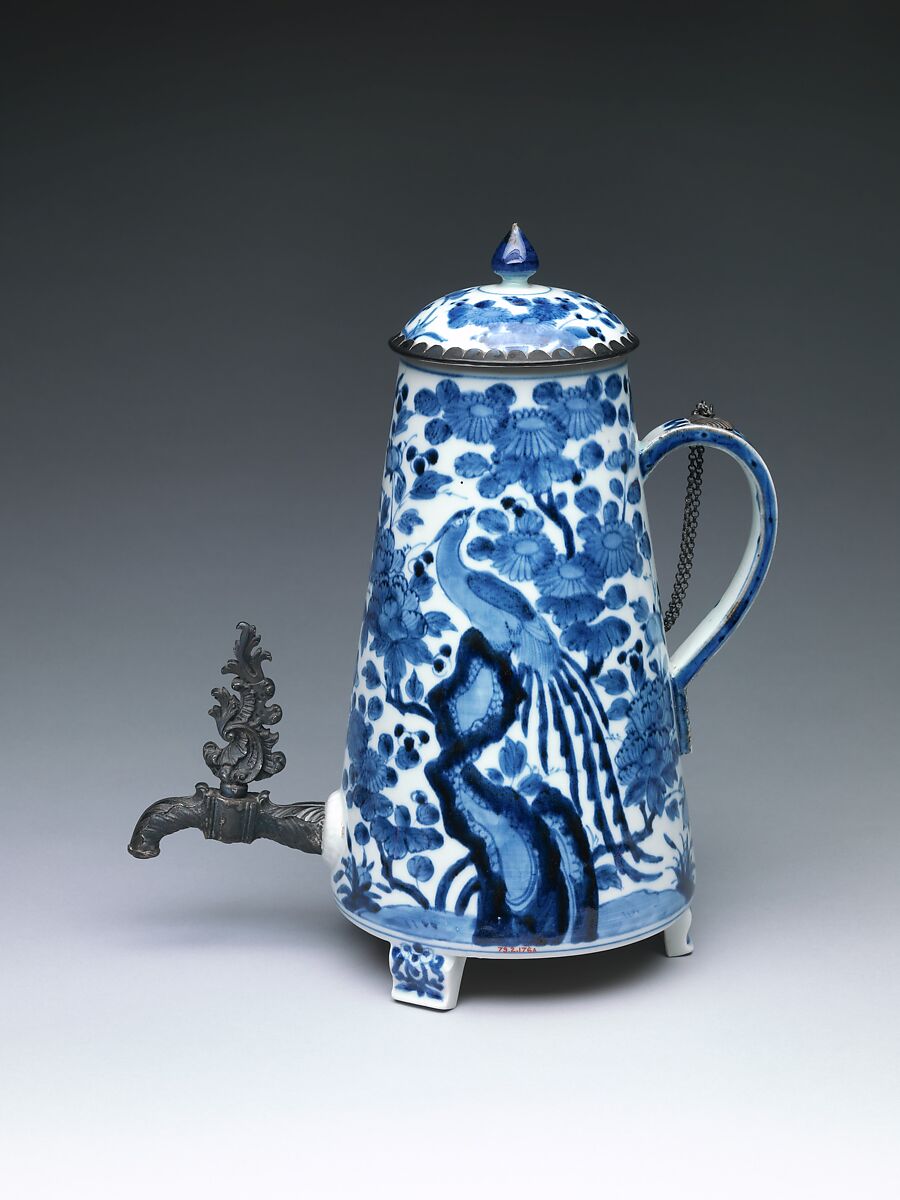 Coffee Pot, White porcelain (Arita ware), decorated with blue under the glaze and mounted with silver, Japan