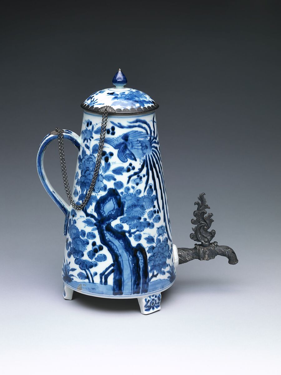 Coffee Pot, White porcelain (Arita ware), decorated with blue under the glaze and mounted with silver, Japan 