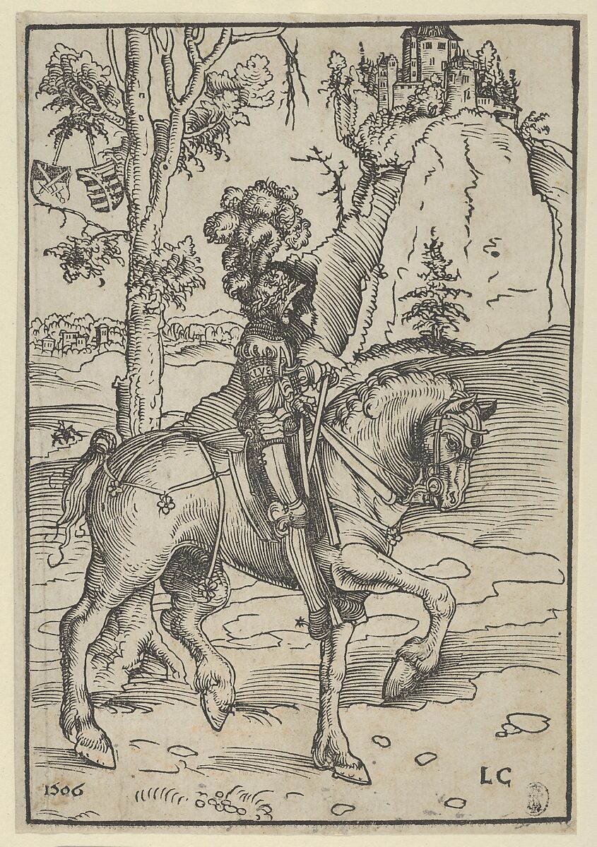 Knight on Horseback Riding Towards the Right, Lucas Cranach the Elder (German, Kronach 1472–1553 Weimar), Woodcut 