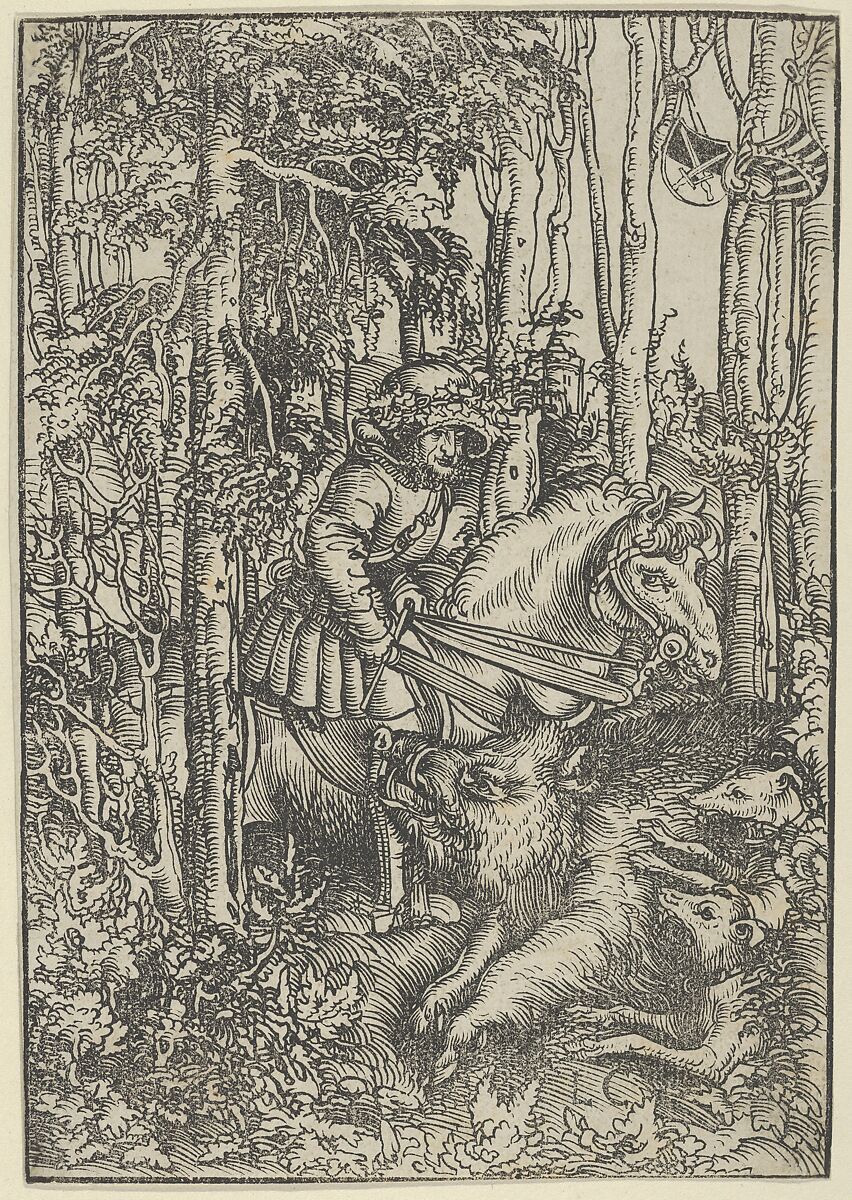 Hunter on Horseback Hunting a Wild Boar, Lucas Cranach the Elder (German, Kronach 1472–1553 Weimar), Woodcut; second state of two (Hollstein) 
