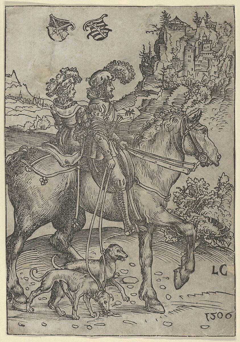 Gentleman and Lady Riding to the Hunt, Lucas Cranach the Elder (German, Kronach 1472–1553 Weimar), Woodcut; second state of three (Hollstein) 