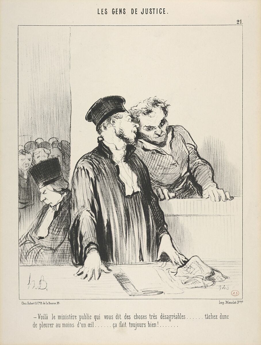 Le Gens de Justice, Plate 21, "Voila le ministere public qui vous dit des choses tres desagreeables", Honoré Daumier (French, Marseilles 1808–1879 Valmondois), Lithograph 