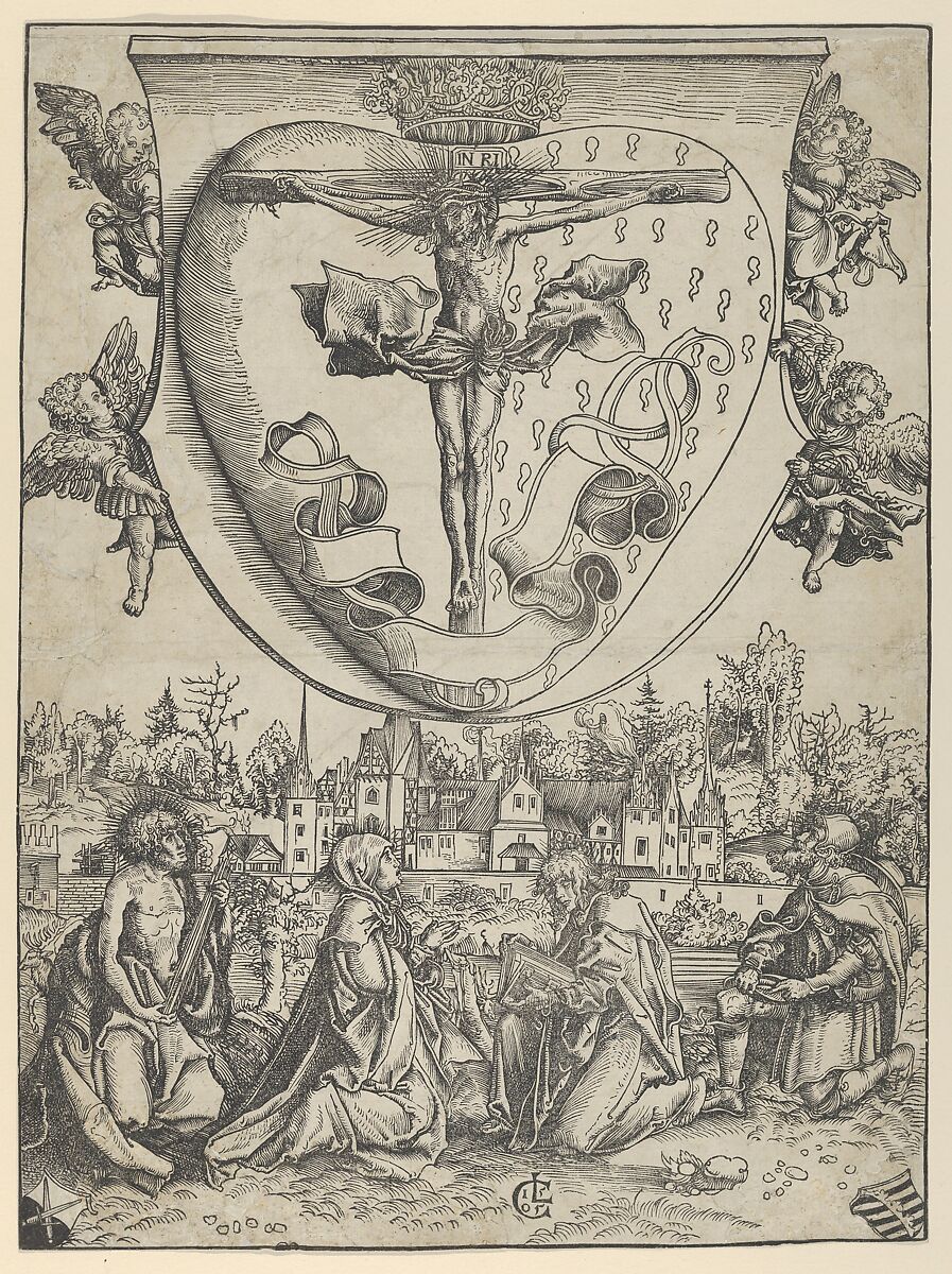 Four Saints Adoring Christ Crucified on the Sacred Heart, Lucas Cranach the Elder (German, Kronach 1472–1553 Weimar), Woodcut; second state of two (Hollstein) 