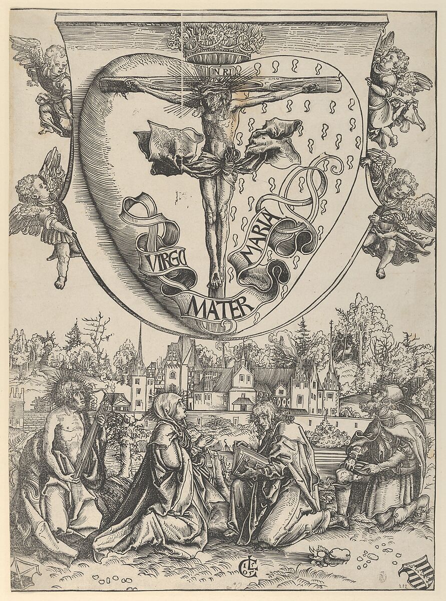 Four Saints Adoring Christ Crucified on the Sacred Heart, Lucas Cranach the Elder (German, Kronach 1472–1553 Weimar), Woodcut; first state of two (Hollstein) 