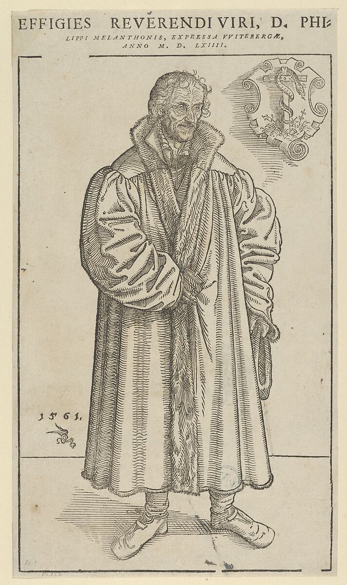 Philip Melanchthon, Full-Length Towards the Right, Lucas Cranach the Younger (German, Wittenberg 1515–1586 Wittenberg), Woodcut; first state of six (Hollstein) 