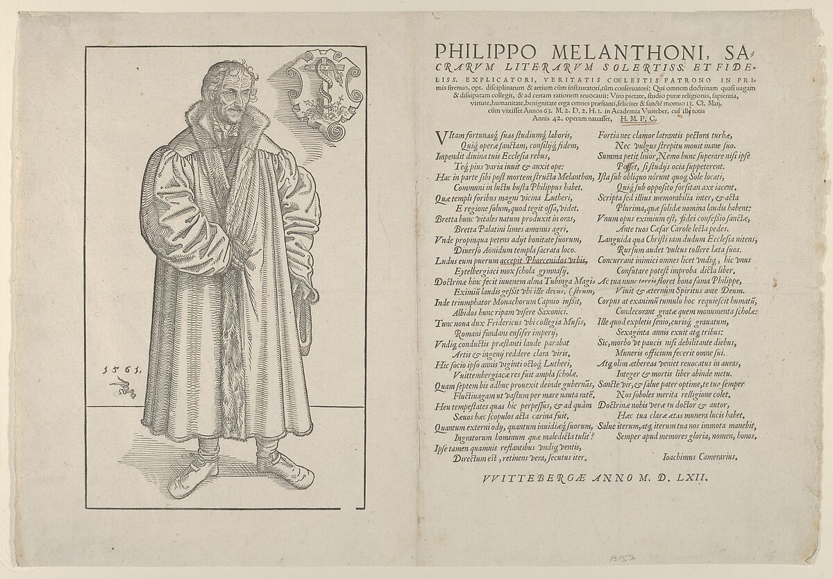 Philip Melanchthon, Full-Length Towards the Right, Lucas Cranach the Younger (German, Wittenberg 1515–1586 Wittenberg), Woodcut; first state of six (Hollstein) 
