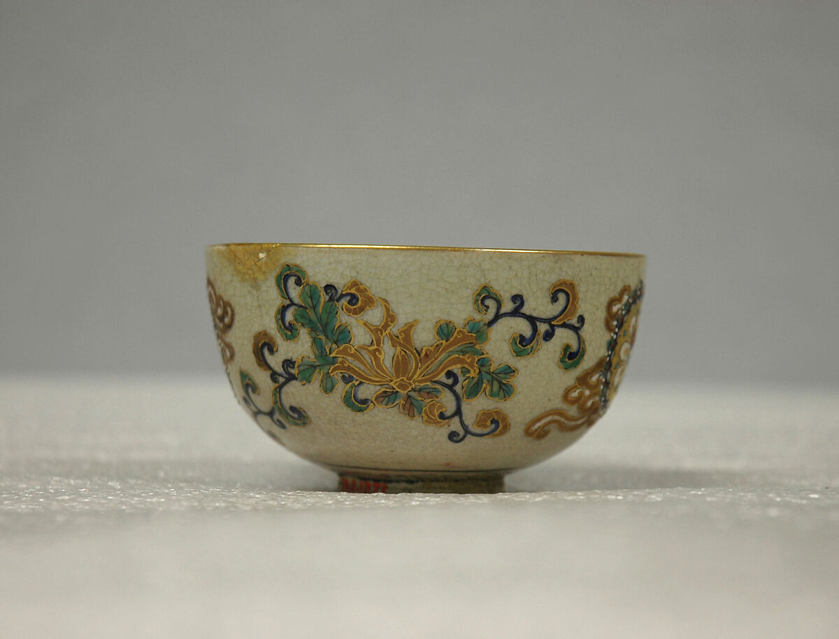 Cup, Buff ware covered with a crackled glaze and decorated with gold and enamel (Satsuma ware), Japan