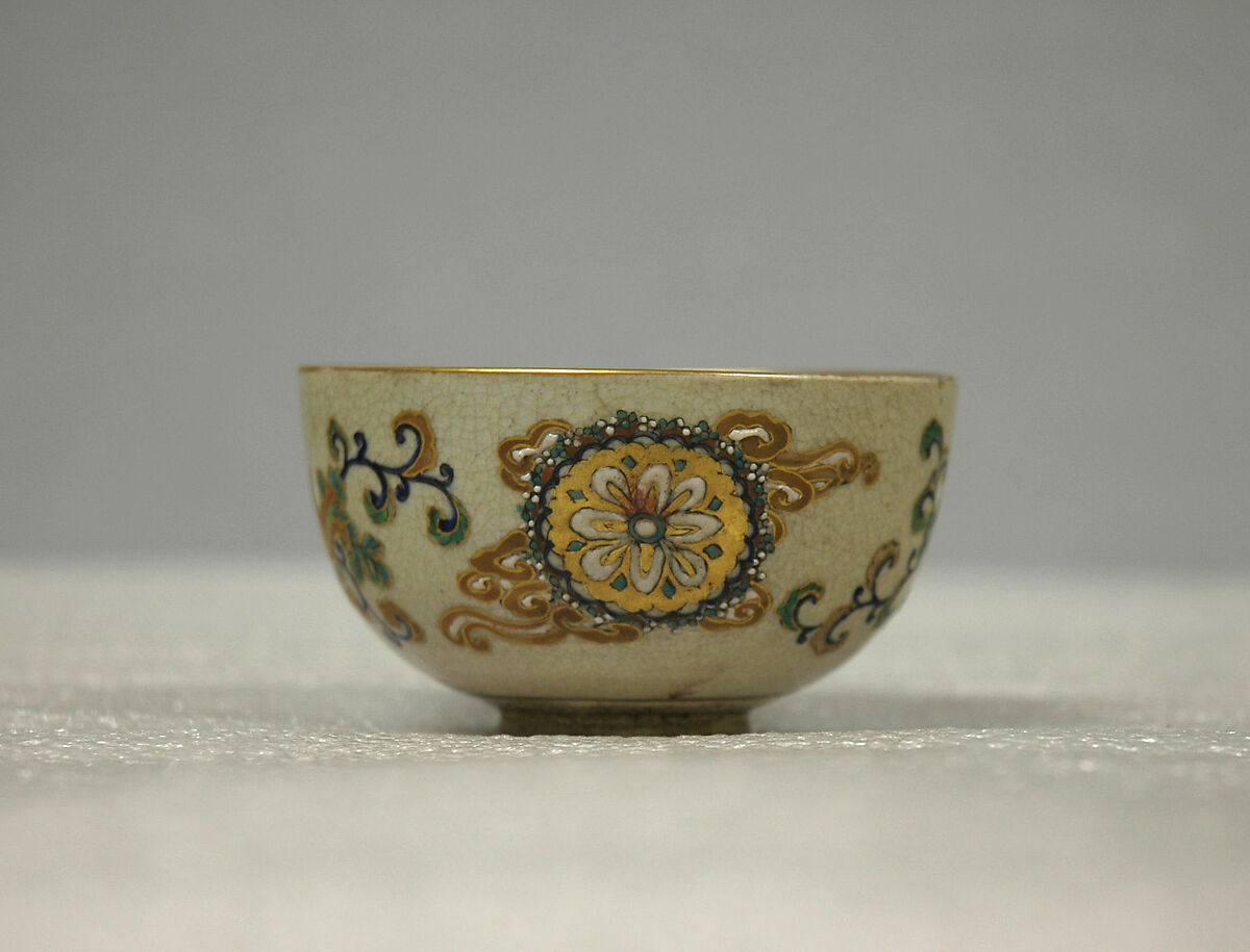 Cup, Buff ware covered with a crackled glaze and decorated with gold and enamel (Satsuma ware), Japan