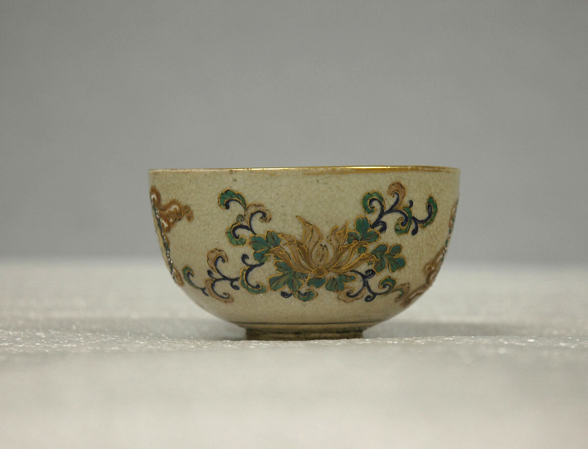 Cup, Buff ware covered with a crackled glaze and decorated with gold and enamel (Satsuma ware), Japan