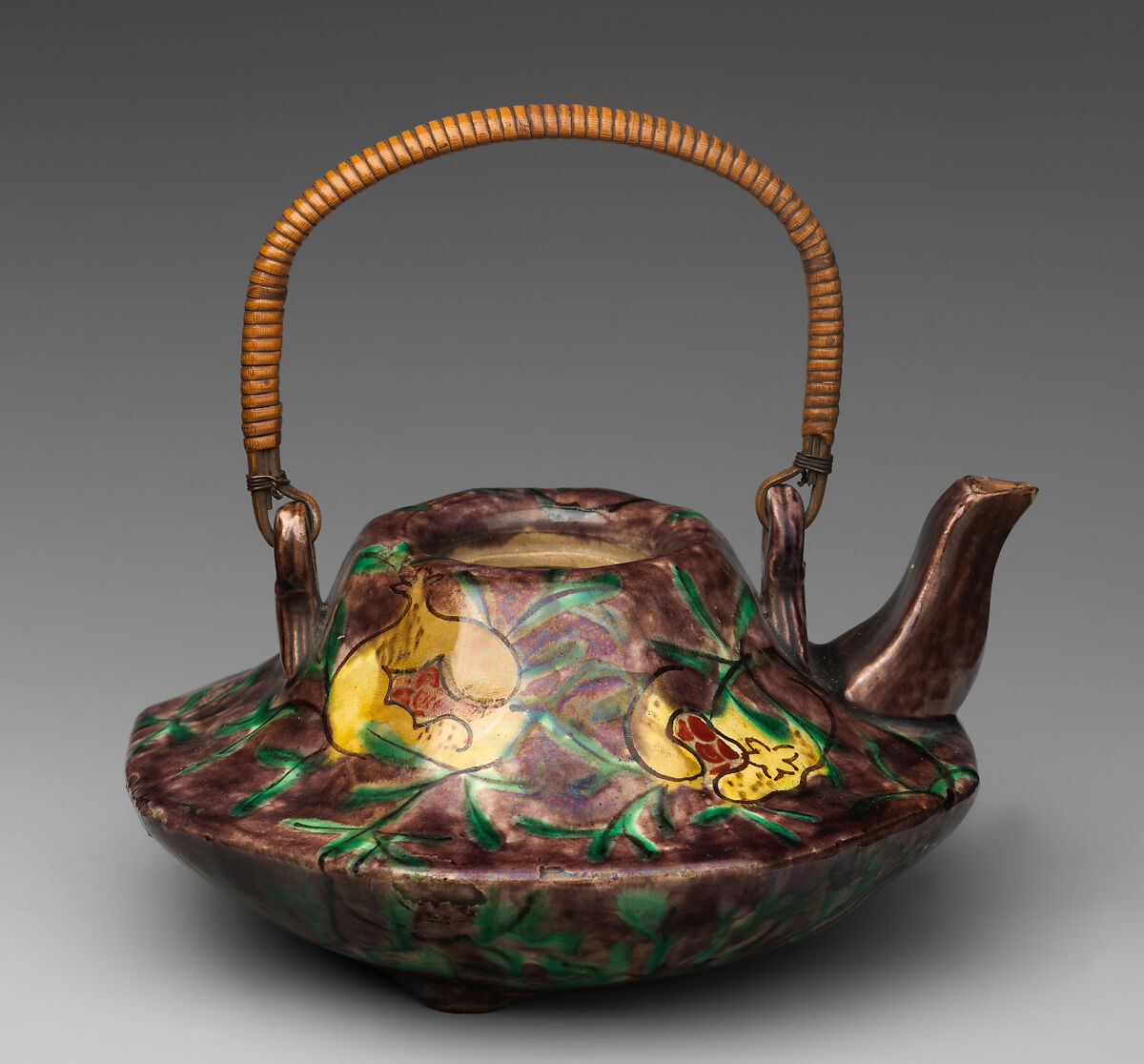 Teapot, Pottery decorated with polychrome enamels; straw handle (Meppotani ware), Japan