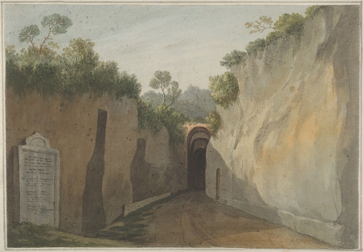 Entrance to the Grotto of Posillipo, Naples, John "Warwick" Smith (British, Irthington, Cumberland 1749–1831 London), Watercolor over graphite; attached to original paper mount with gray wash line 