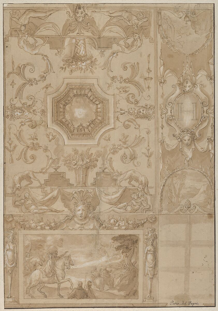 Design for a Decorated Wall and Ceiling of a Gallery, marked with the monogram of the French King Henri III or IV, Toussaint Dubreuil (French, Paris ca. 1561–1602 Paris), Pen and brown ink with brush and brown wash over black chalk, white heightening 
