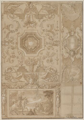 Design for a Decorated Wall and Ceiling of a Gallery, marked with the monogram of the French King Henri III or IV