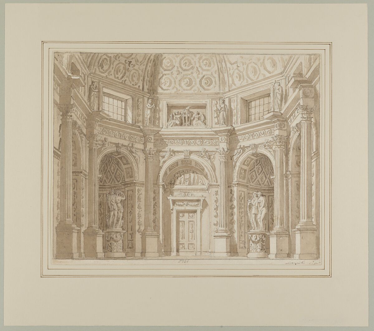 Stage Design, with Four other Drawings, Tranquillo Orsi (Italian, Venice 1771–1845 Venice), Point of brush and brown wash over black chalk within black chalk framing lines
