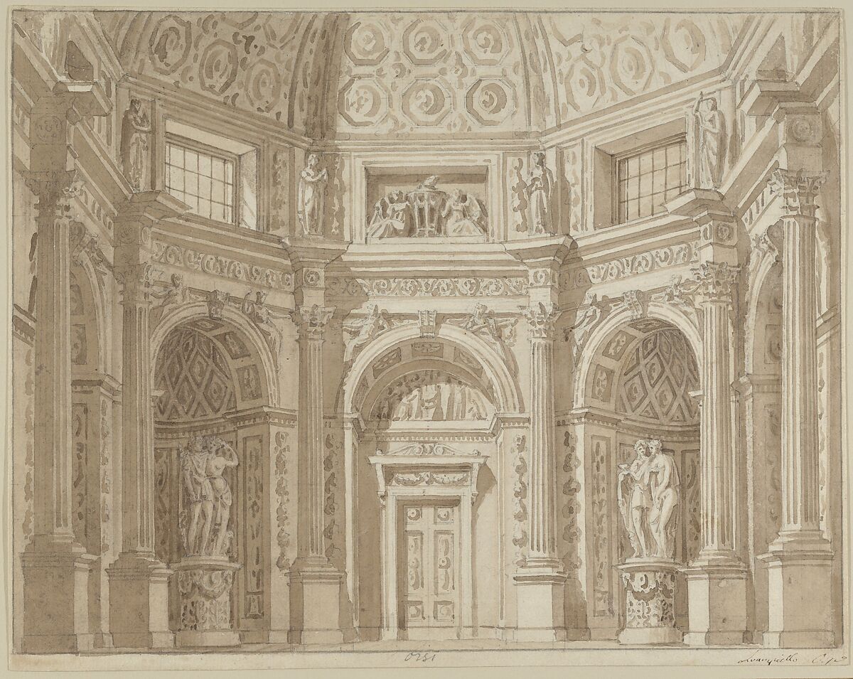 Stage Design, with Four other Drawings, Tranquillo Orsi (Italian, Venice 1771–1845 Venice), Point of brush and brown wash over black chalk within black chalk framing lines 