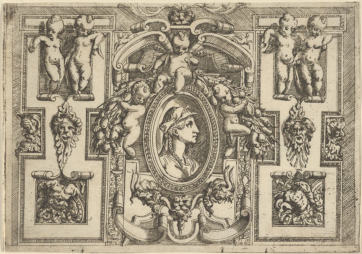 Bust of a woman in profile facing right, set within an elaborate frame with putti, Battista Angolo del Moro (Italian, Verona ca. 1515–ca. 1573 Murano), Etching 