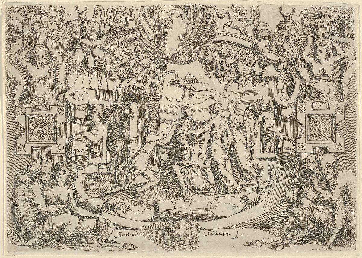 Four women surrounding a seated figure, a bird above them, set within an elaborate frame, Battista Angolo del Moro (Italian, Verona ca. 1515–ca. 1573 Murano), Etching 