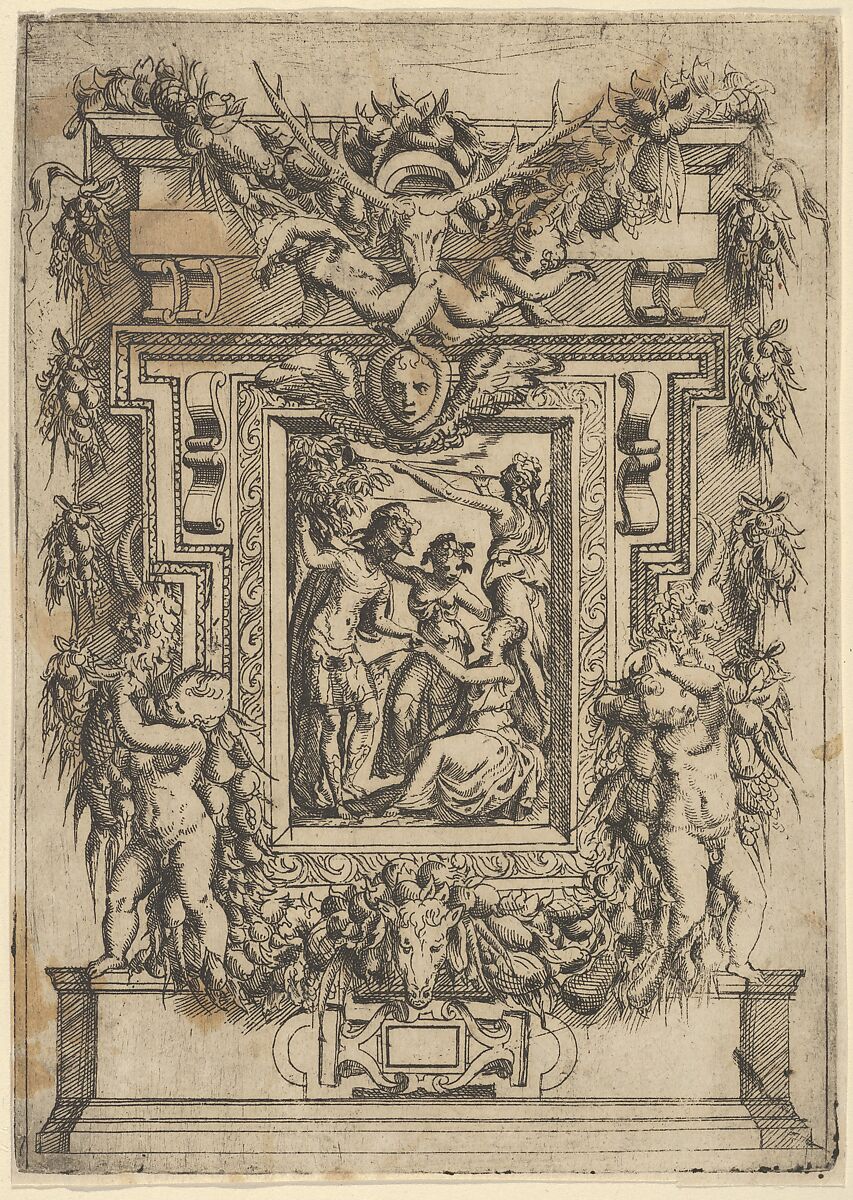 A young man offers his hand to a seated woman, another woman stands between them and a third blows a trumpet behind them, set within an elaborate frame, Battista Angolo del Moro (Italian, Verona ca. 1515–ca. 1573 Murano), Etching 
