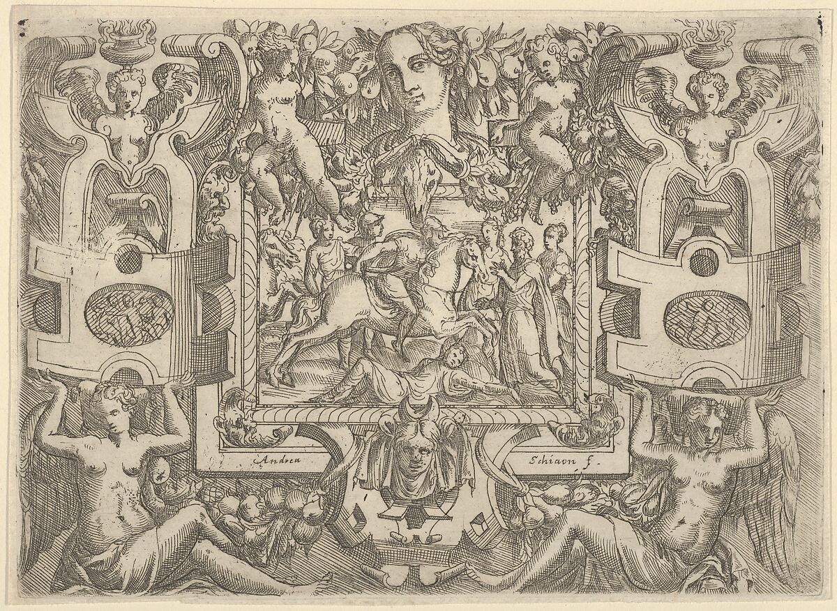 Figure on horseback holding a sword and riding over a figure lying on the ground, set within an elaborate frame, Battista Angolo del Moro (Italian, Verona ca. 1515–ca. 1573 Murano), Etching 