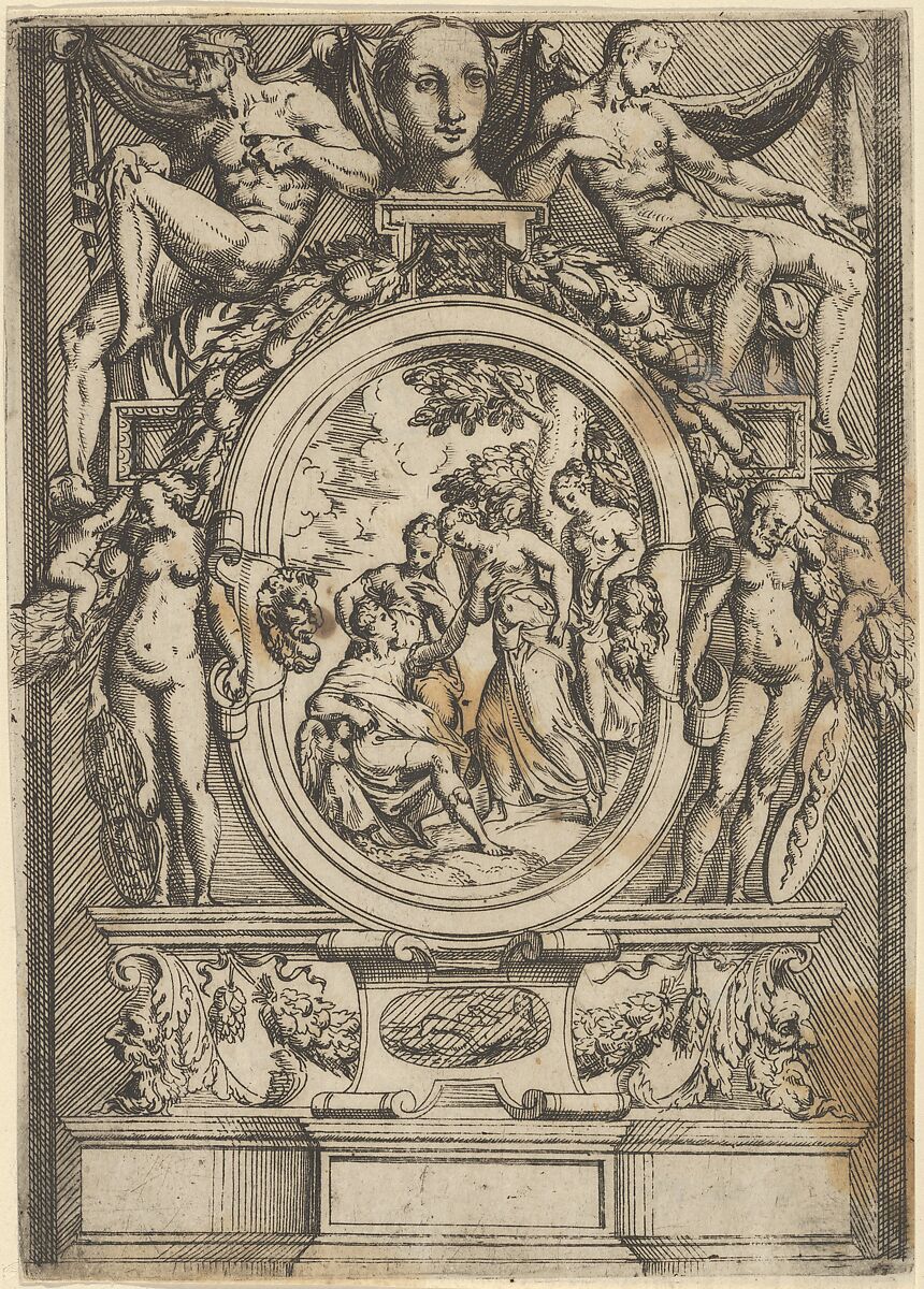 The Judgment of Paris; man seated at left reaches out to a woman who is flanked by two others, set within an elaborate frame, Battista Angolo del Moro (Italian, Verona ca. 1515–ca. 1573 Murano), Etching 