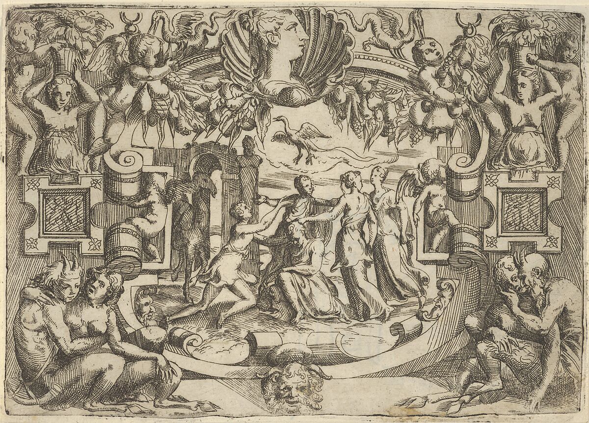 Four women surrounding a seated figure, a bird above them, set within an elaborate frame, Battista Angolo del Moro (Italian, Verona ca. 1515–ca. 1573 Murano), Etching 