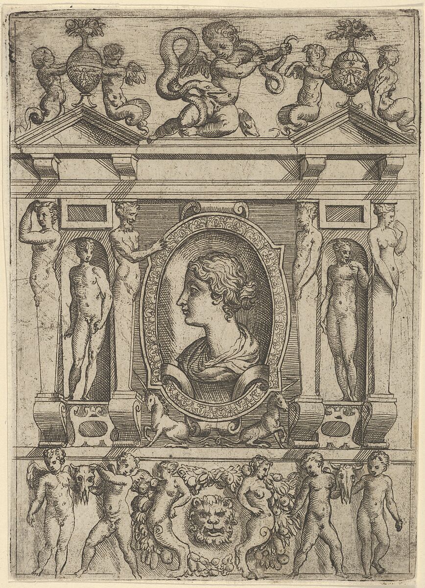 Bust of a woman in profile facing left, set in an elaborate frame with figures in niches, Battista Angolo del Moro (Italian, Verona ca. 1515–ca. 1573 Murano), Etching 