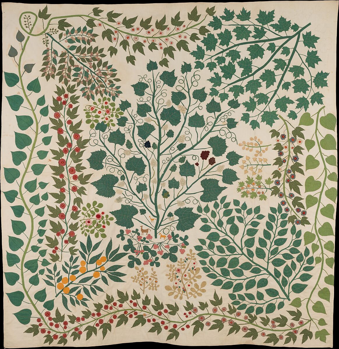 Branches and Vines Quilt, Ernestine Eberhardt Zaumseil (American, 1828–1904), Cotton, silk, and wool, American