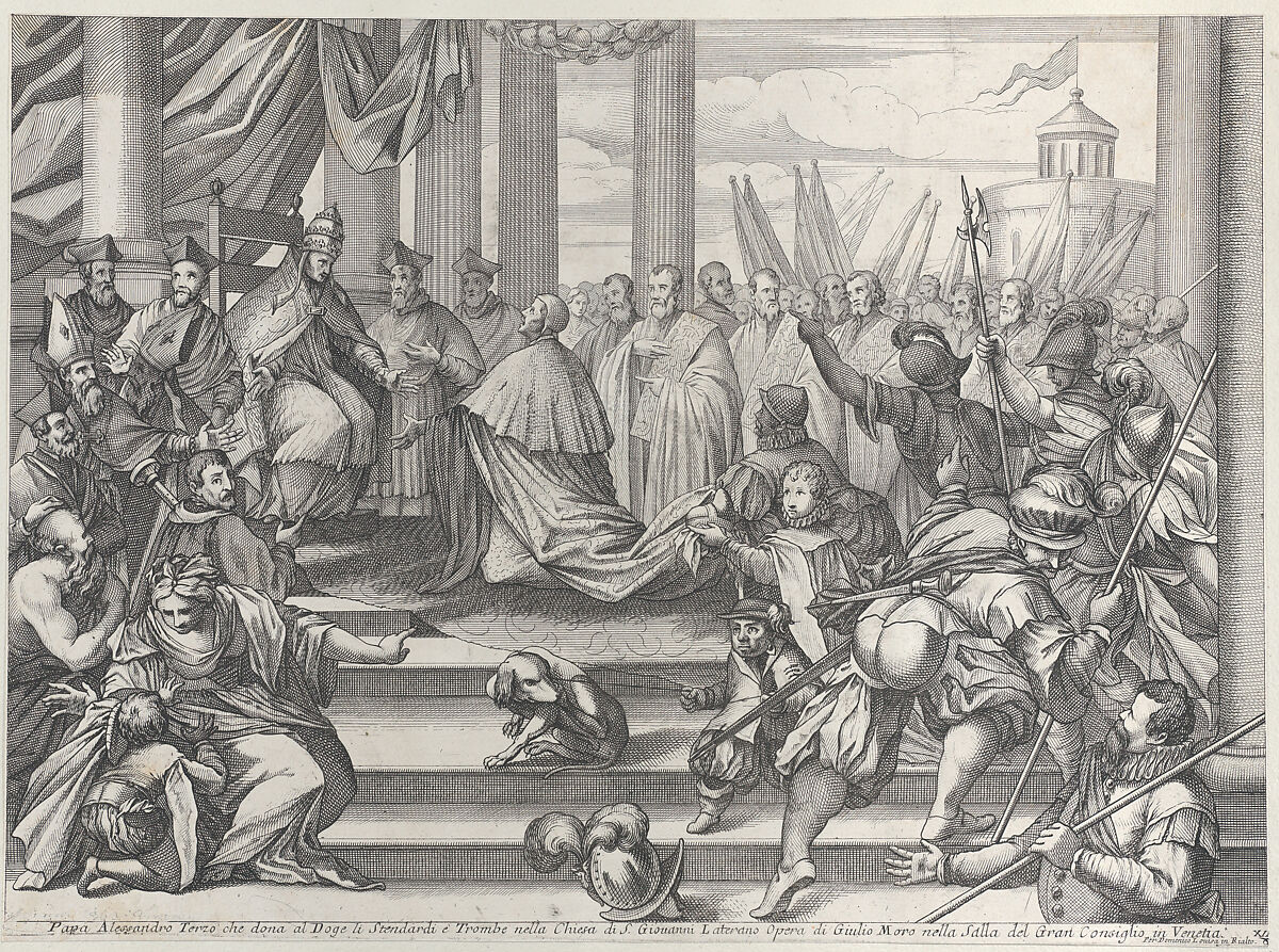 Pope Alexander III presents Doge Ziani with standards and bugles after his defeat of Holy Roman Emperor Frederick I Barbarossa, from "Il gran Teatro di Venezia" (The great theater of Venice), Anonymous  , Italian, 18th century, Etching 