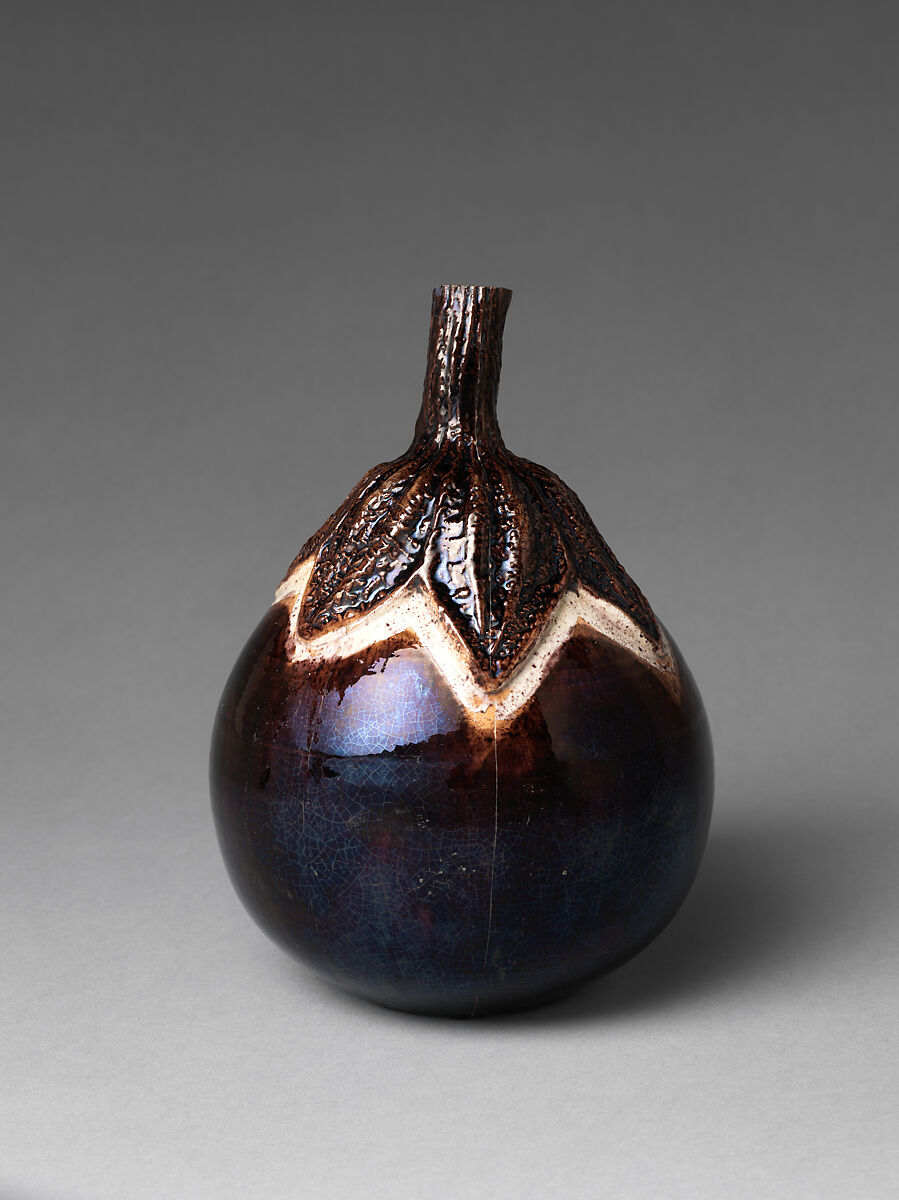 Sake Bottle (Tokkuri) in the Shape of an Eggplant, Stoneware with iridescent iron glaze and rice straw ash (Bairin ware), Japan