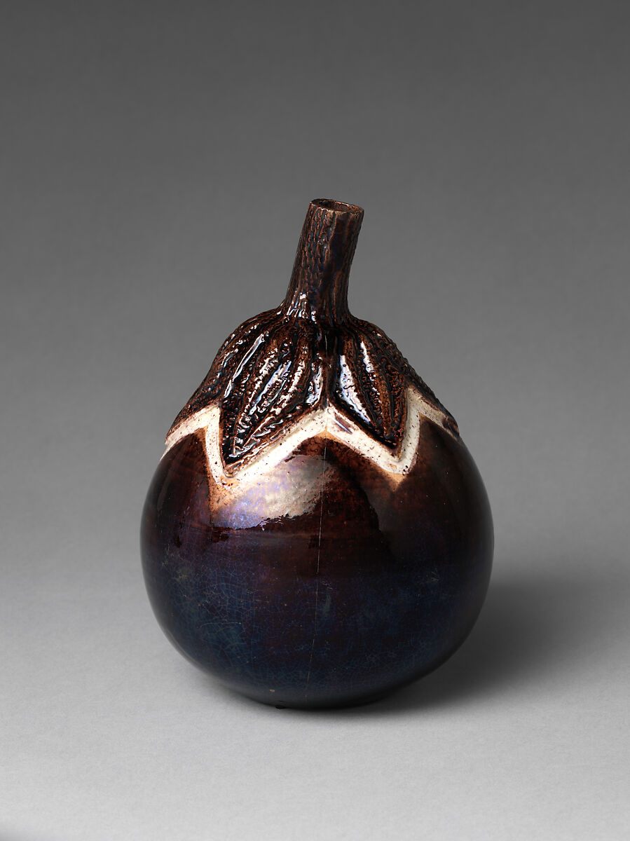 Sake Bottle (Tokkuri) in the Shape of an Eggplant, Stoneware with iridescent iron glaze and rice straw ash (Bairin ware), Japan