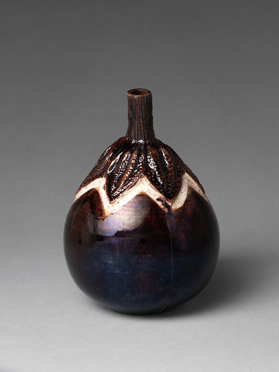 Sake Bottle (Tokkuri) in the Shape of an Eggplant, Stoneware with iridescent iron glaze and rice straw ash (Bairin ware), Japan