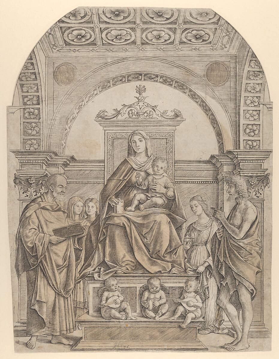 The Virgin and Child enthroned surrounded by saints and angels, Girolamo Mocetto (Italian, ca. 1470–1531), Engraving; second state of two (TIB) 