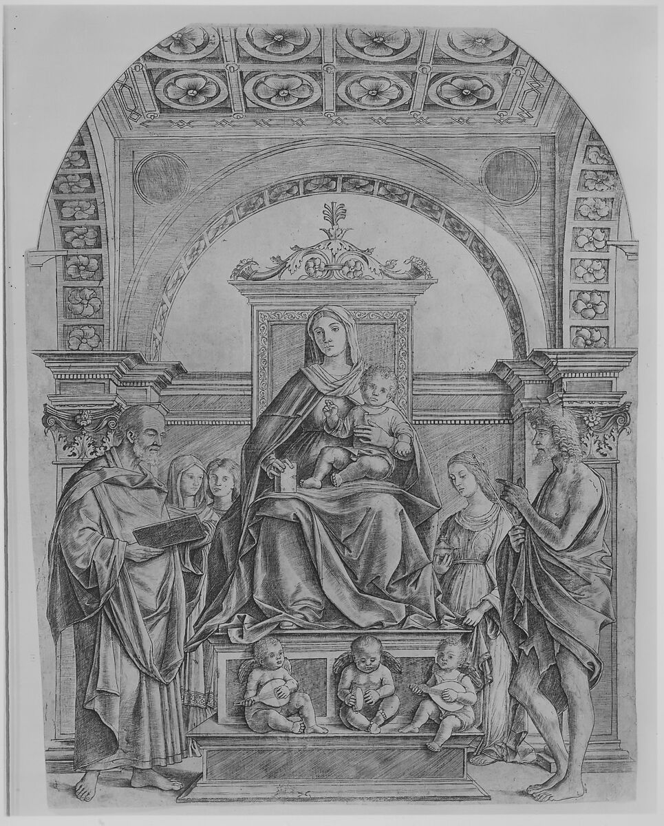 The Virgin and Child enthroned surrounded by saints and angels, Girolamo Mocetto (Italian, ca. 1470–1531), Engraving; second state of two (TIB)