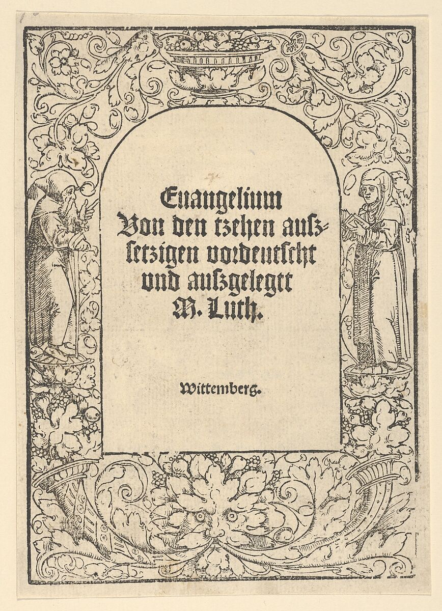 Title-Border with a Hermit and a Nun, Vase of Fruit, a Mask and Cornucopias, Hans Cranach (German, 1500–1537), Woodcut 