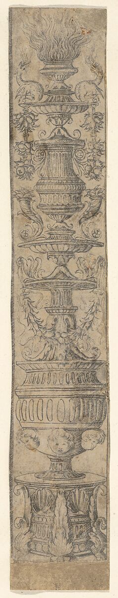 Decorative border panel with a flaming candelabra ornamented with shells, swags and heads of putti, from Life of the Virgin and Christ, Francesco Rosselli (Italian, Florence 1448–1508/27 Venice (?)), Engraving 