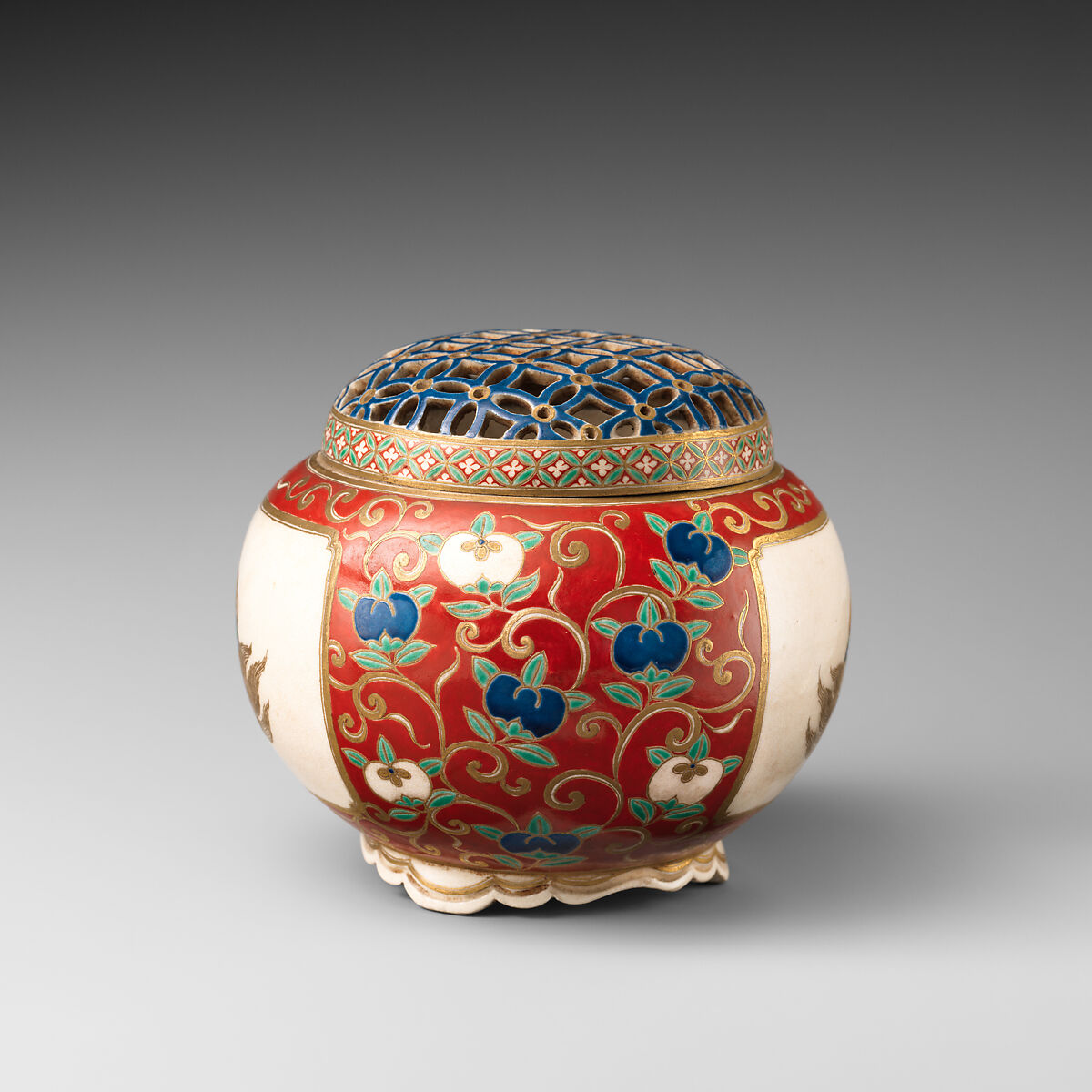 Incense Burner, Pottery covered with crackled glaze and designs in enamels and gold; reticulated cover, also enameled (Satsuma ware), Japan