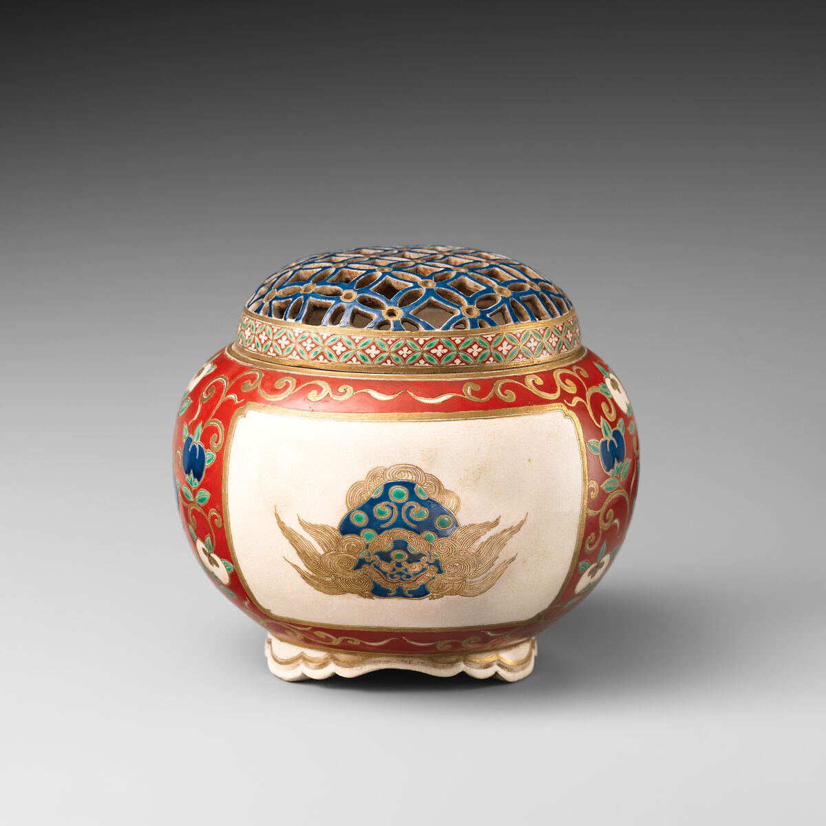 Incense Burner, Pottery covered with crackled glaze and designs in enamels and gold; reticulated cover, also enameled (Satsuma ware), Japan
