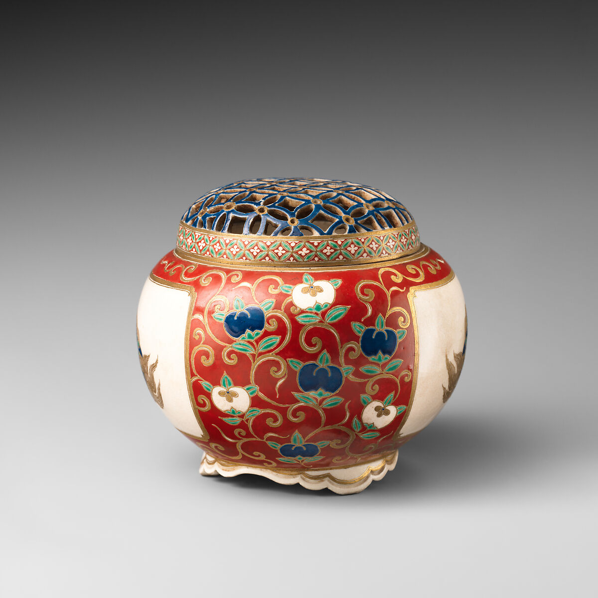 Incense Burner, Pottery covered with crackled glaze and designs in enamels and gold; reticulated cover, also enameled (Satsuma ware), Japan