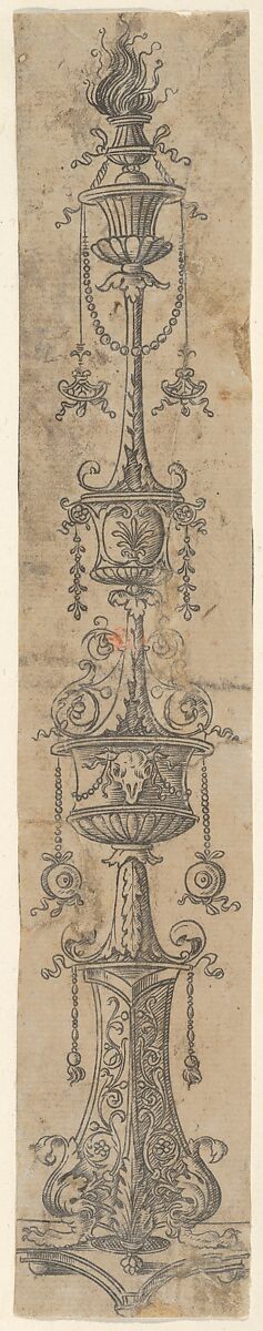 Decorative border panel with flaming candelabra ornamented with foliate designs, swags, and a cow's skull, from Life of the Virgin and Christ, Francesco Rosselli (Italian, Florence 1448–1508/27 Venice (?)), Engraving 