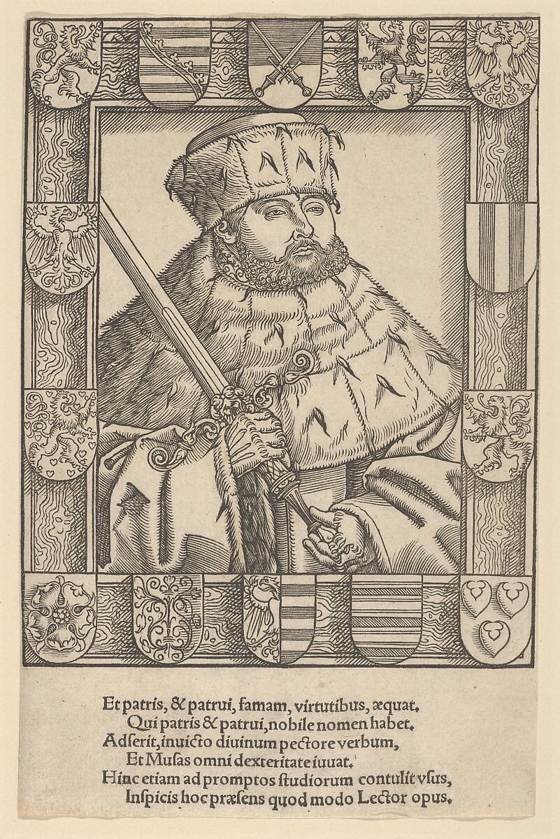 Copy of John Frederic the Magnanimous, in Electoral Robes, Lucas Cranach the Younger and Workshop (German, Wittenberg 1515–1586 Wittenberg), Woodcut; second state of two (Hollstein) 
