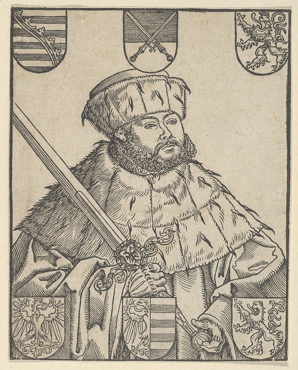 Copy of John Frederic the Magnanimous, in Electoral Robes, Lucas Cranach the Younger and Workshop (German, Wittenberg 1515–1586 Wittenberg), Woodcut; first state of two (Hollstein) 