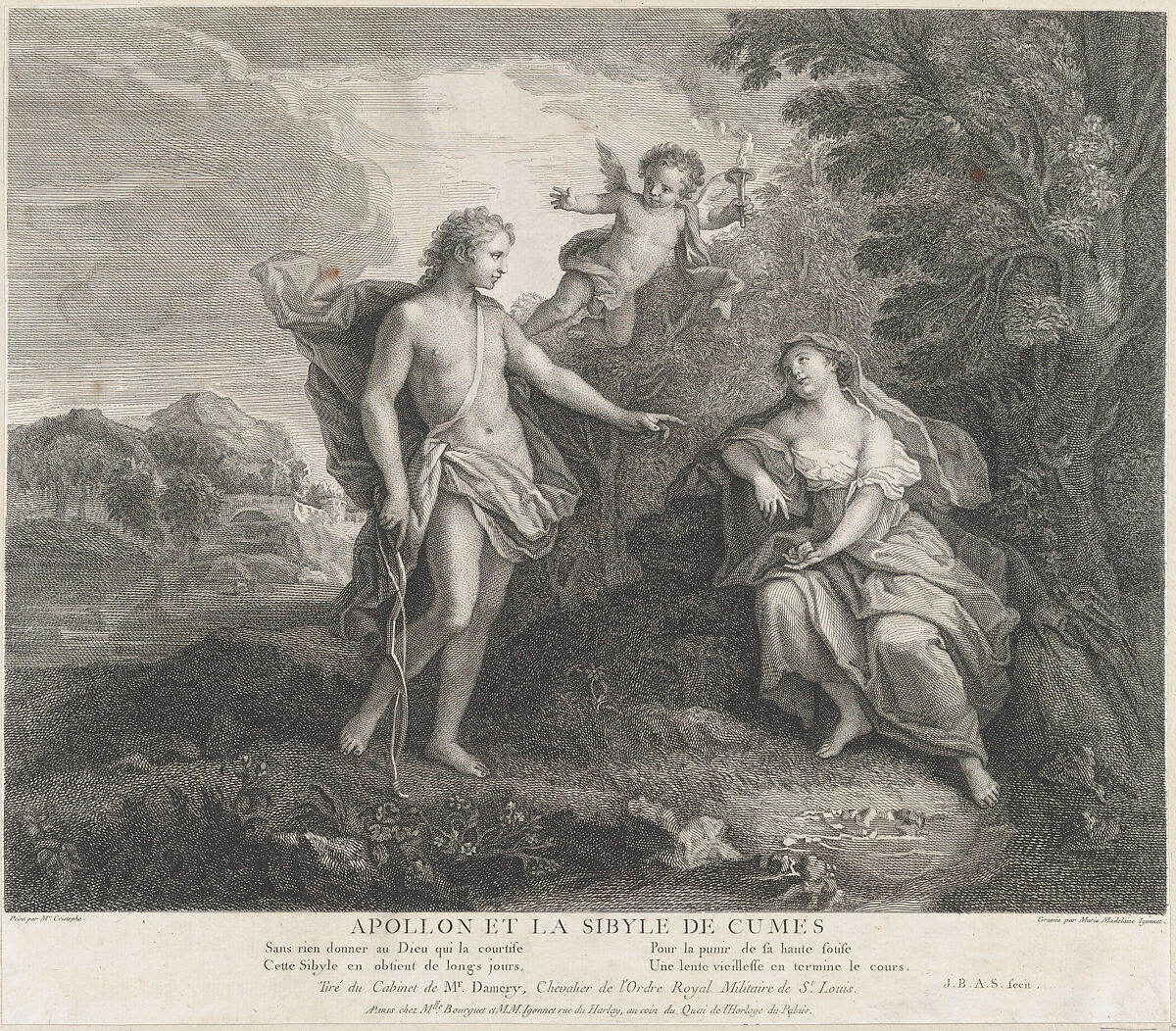 Apollo and the Cumean Sibyl, Marie Madeleine Igonet (French, active Paris, 1744–60), Engraving 