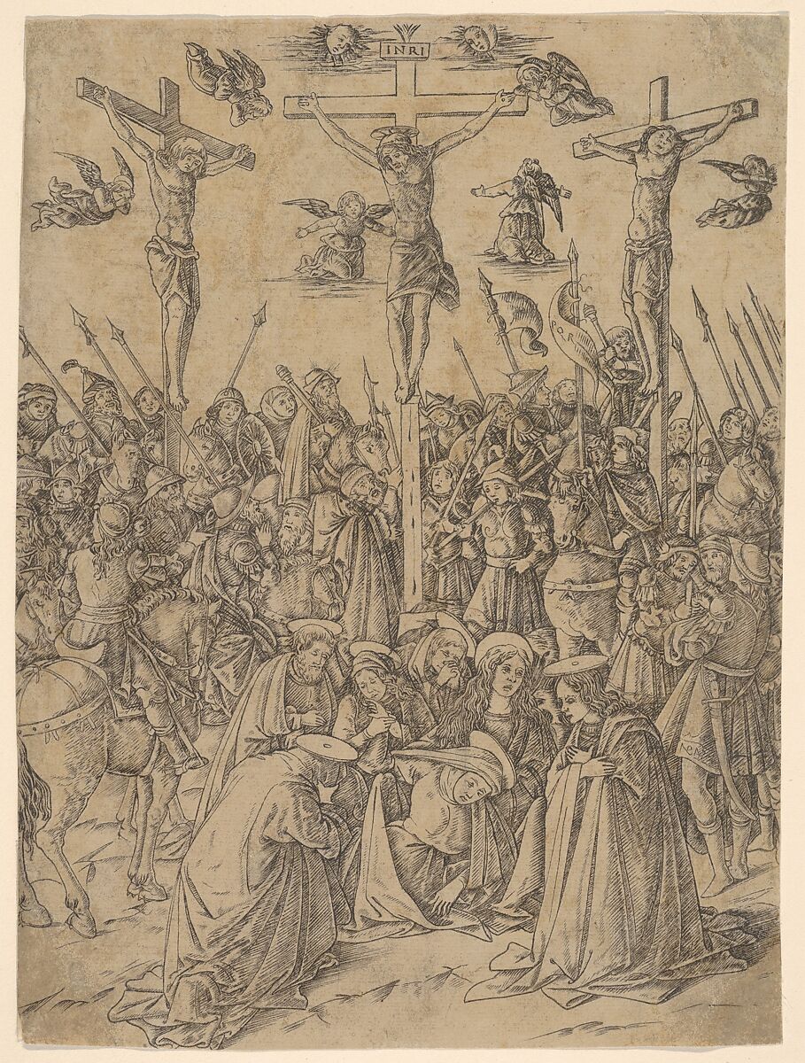 Calvary, from Life of the Virgin and Christ, Francesco Rosselli (Italian, Florence 1448–1508/27 Venice (?)), Hand-colored engraving; second state of three (Bartsch) 
