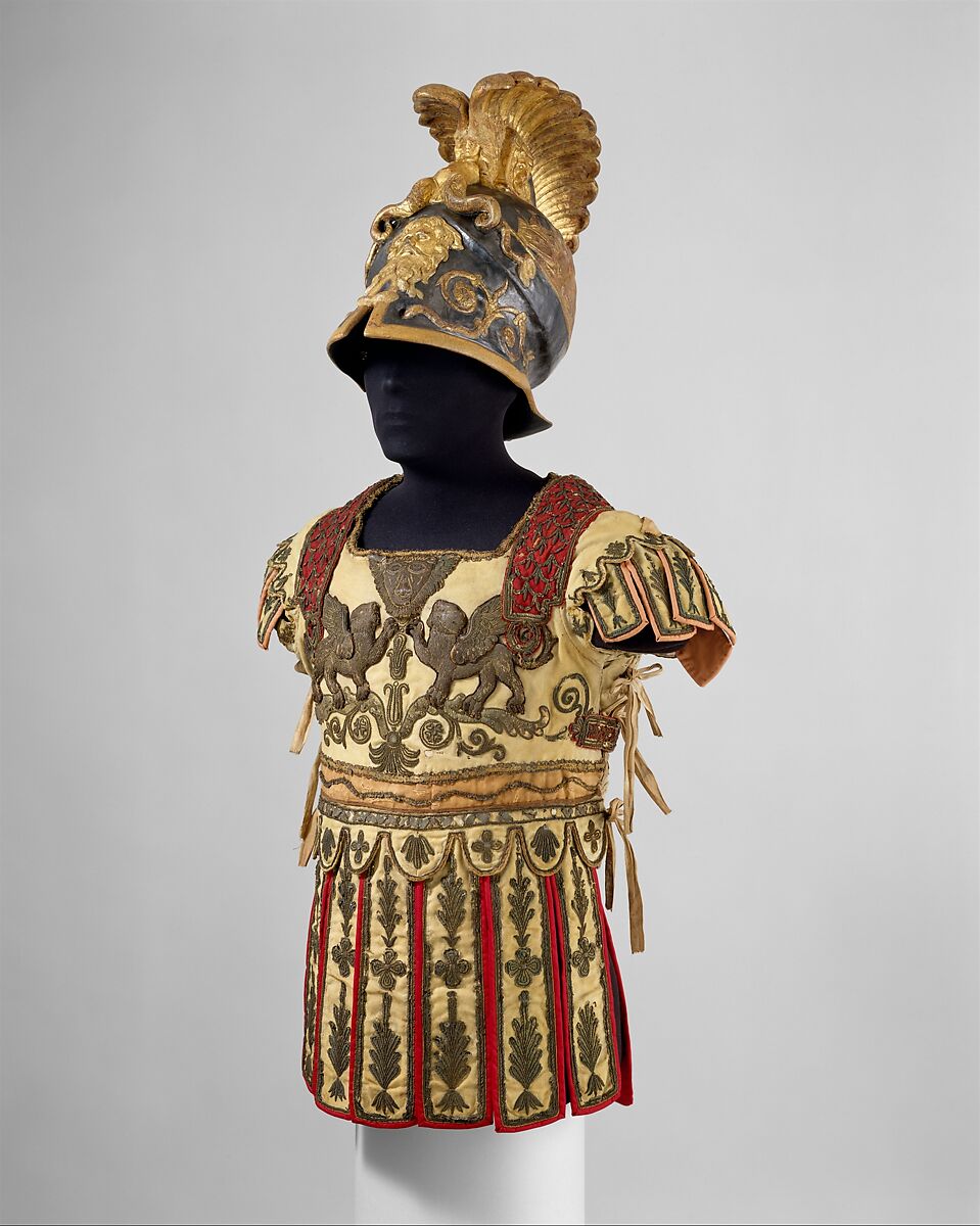 Costume Armor and Sword in the Classical Style, Helmet includes original paper label of Hallé (French, Paris, active ca. 1780–1800), Linen, papier-mâché, bole, gold leaf, graphite (helmet); silk, cotton, metal coils and spangles, metallic yarn (tunic); steel, wood, gesso, silver, gold leaf (sword), French, Paris 