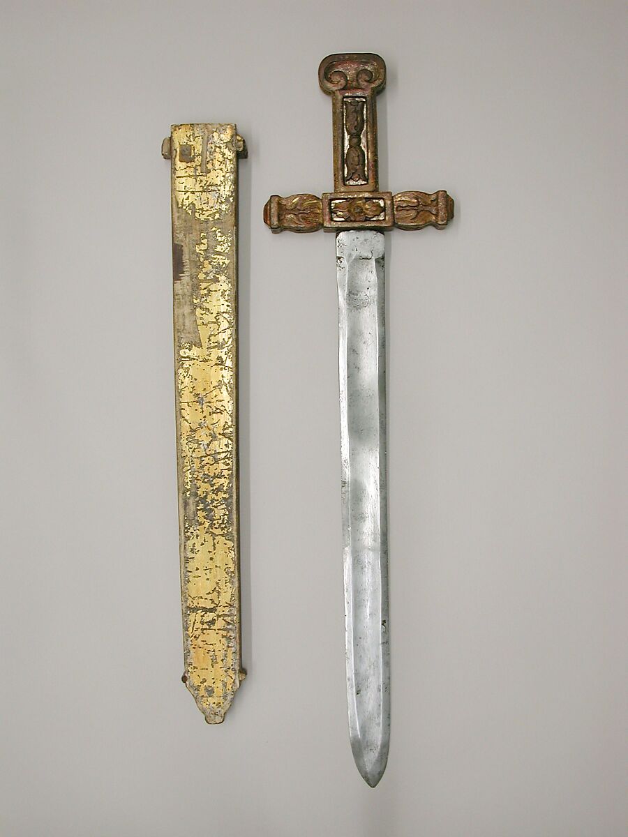 Costume Armor and Sword in the Classical Style, Helmet includes original paper label of Hallé (French, Paris, active ca. 1780–1800), Linen, papier-mâché, bole, gold leaf, graphite (helmet); silk, cotton, metal coils and spangles, metallic yarn (tunic); steel, wood, gesso, silver, gold leaf (sword), French, Paris