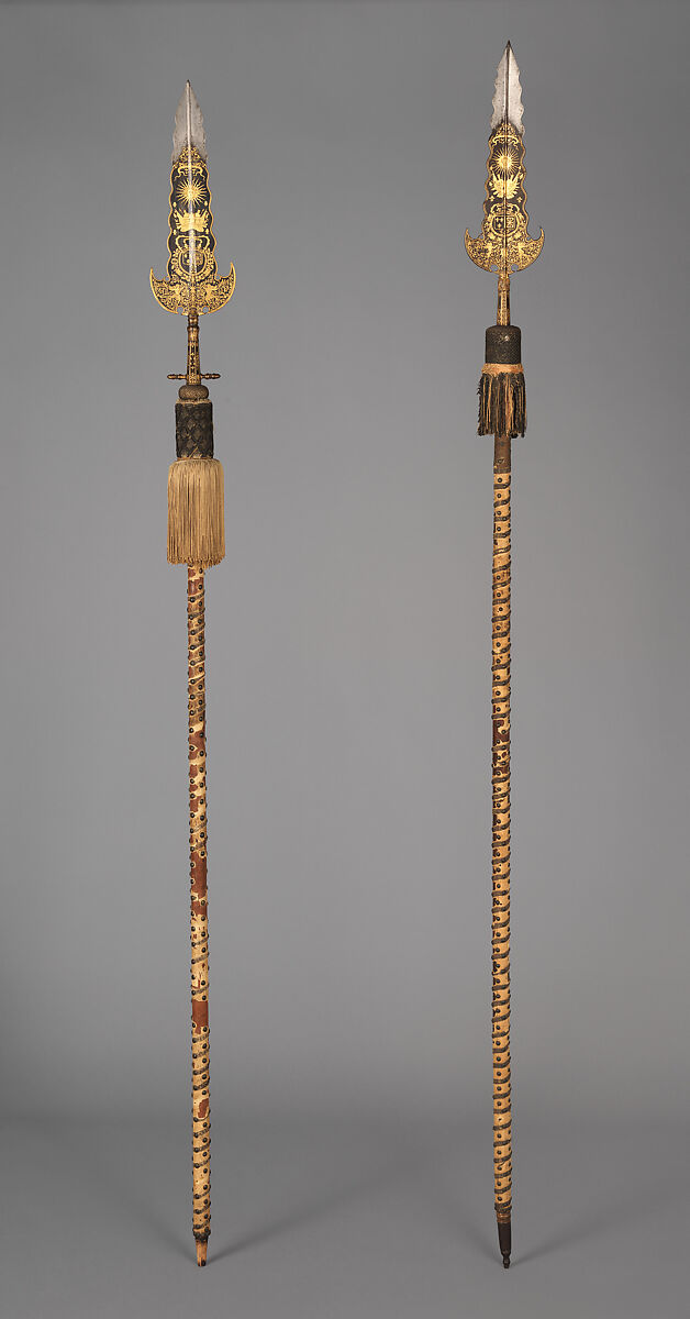 Three Partisans Carried by the Bodyguard of Louis XIV (1638–1715, reigned from 1643), 14.25.454 designed by Jean Berain (French, Saint-Mihiel 1640–1711 Paris), Steel, gold, wood, textile, brass, French, Paris 